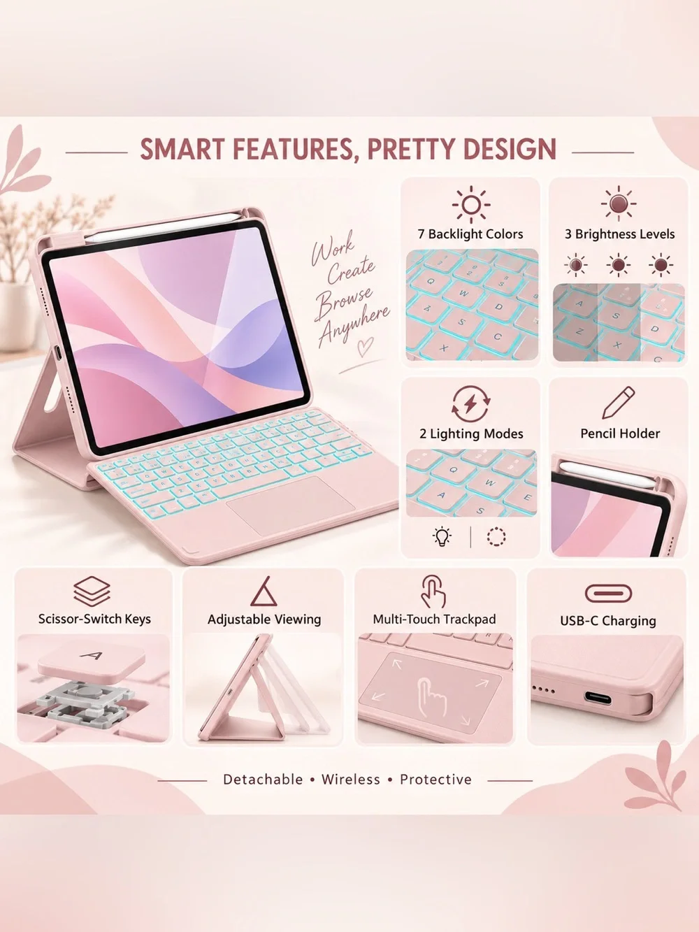 🎀 Blush Pink Backlit Keyboard Case for iPad A16 2025 / 10th Gen 2022B